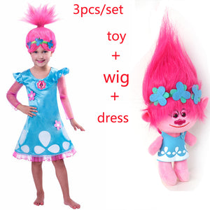 New Christmas Carnival Costume Trolls Wig toy For Kids Poppy Lace Dress Baby Girls Moana clothes Children Vaiana Party Vestido - MOUALHANE