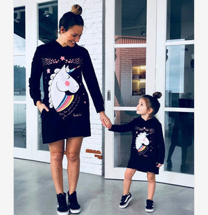 Mother Daughter Unicorn Print Sweatshirts 2019 Winter Family Matching Cute Clothes Outwear Mom And Daughter Clothes Tops Black - MOUALHANE