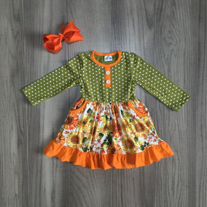 baby girls clothing halloween dress girl classic garden dress with sunflower print matching bow - MOUALHANE