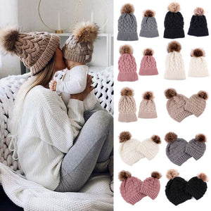 AU Mother Baby Kids Daughter/Son Warm Hat Matching Knitting Wool Pom Bobble Hat Winter Warm Beanie Cap - MOUALHANE