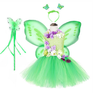 Aqua Fairy Garden Flower Girl Princess Dress Kid Baby Party Wedding Tutu Dress for Kids Halloween Tinkerbell Costume + Wings Set - MOUALHANE