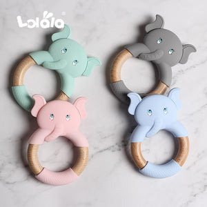 Silicone Teethers Cartoon Natural Beech Wood Elephant Sheep Teething Wooden Ring DIY Baby Christmas Gift Baby Teethers - MOUALHANE