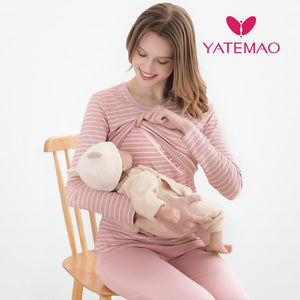 YATEMAO Maternity Nursing long sleeve Pregnant Women's front open Sleepwear tops Breastfeeding pajama tops for Women no pant - MOUALHANE