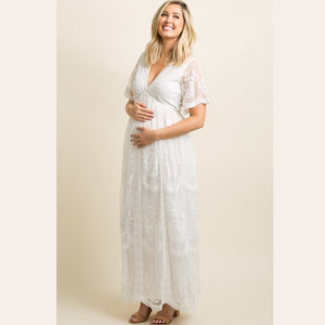 Maternity Dresses for Photo Shoot Summer V Neck White Lace Short Sleeve Pregnancy Dress Pregnant Women Photography Maxi Dress - MOUALHANE