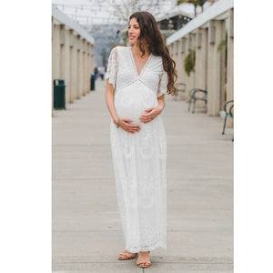 Maternity Dresses for Photo Shoot Summer V Neck White Lace Short Sleeve Pregnancy Dress Pregnant Women Photography Maxi Dress - MOUALHANE